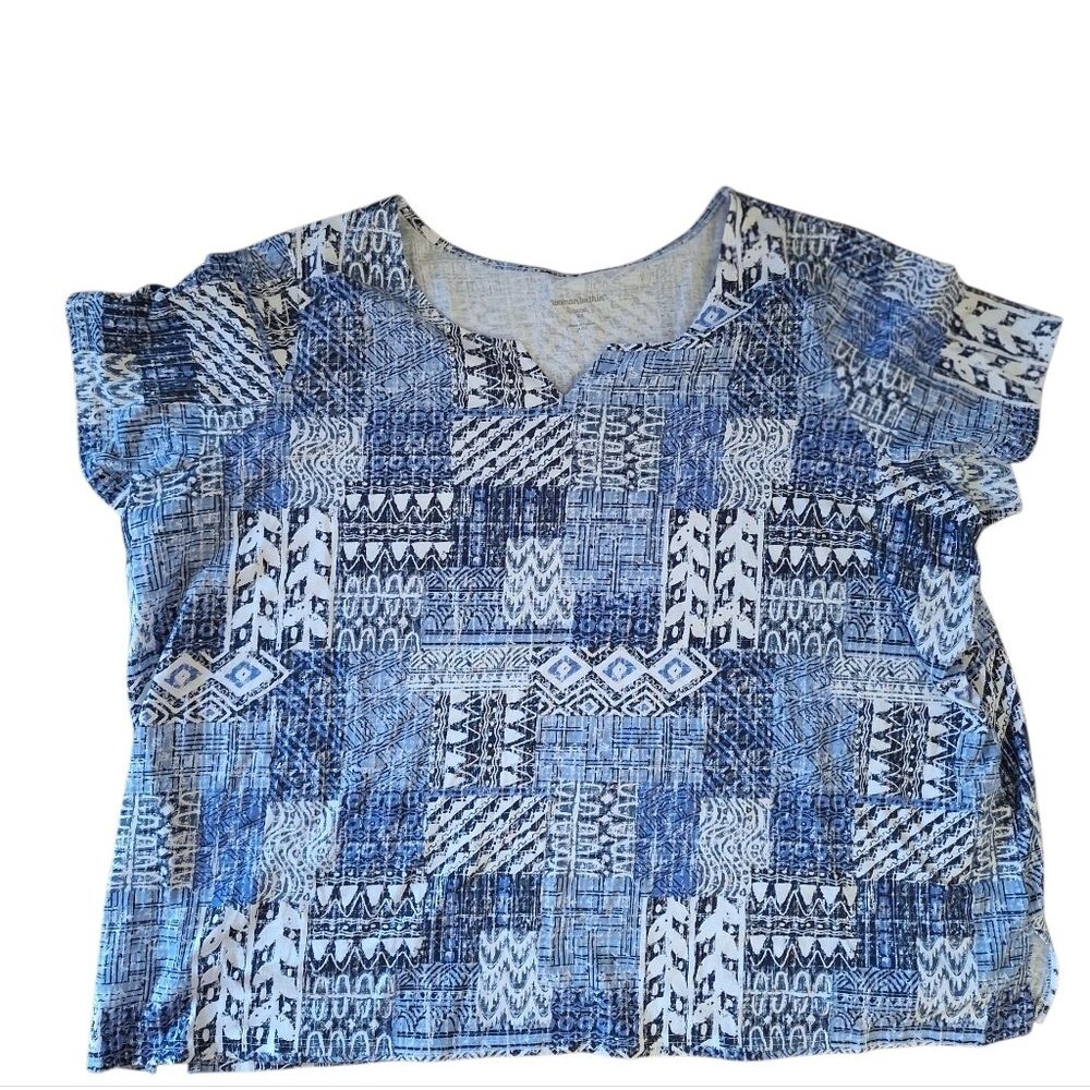 Short Sleeve Tee Top Blue Patchwork Print 4X Womens